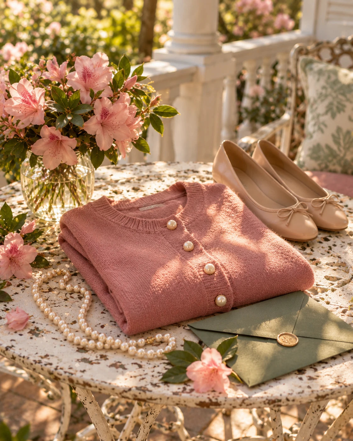 Folded dusty-rose cardigan with pearl buttons, pearls, ballet flats and azaleas on a garden table