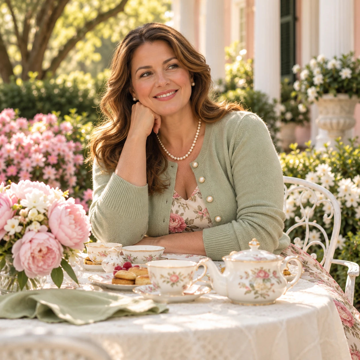 Woman in a sage cardigan with pearl buttons at a garden brunch table