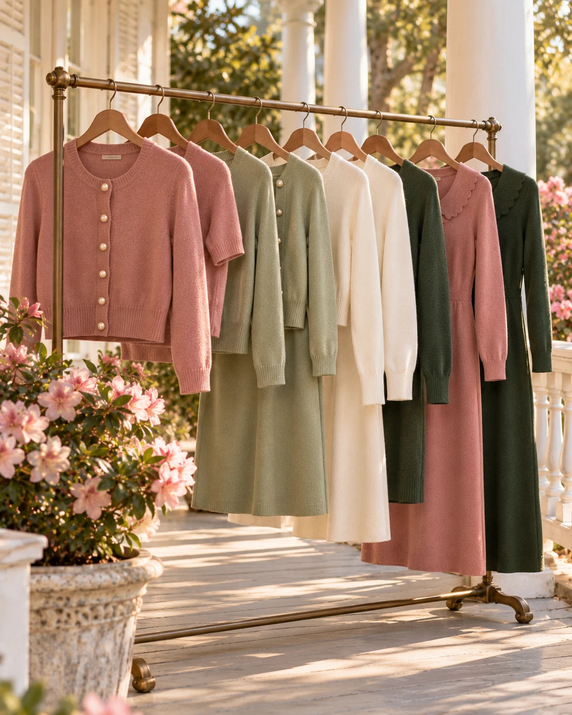 Rail of cardigans, twinsets and sweater dresses on a porch