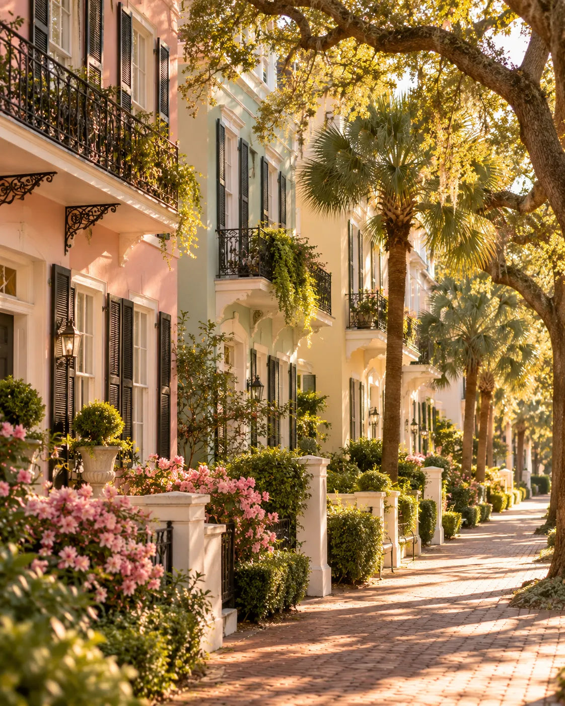 Pastel houses and palmetto trees along a sunlit brick sidewalk